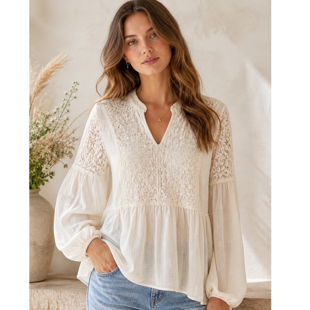 Tendenze Made in Italy Silk Lace Peplum Blouse Cream Medium